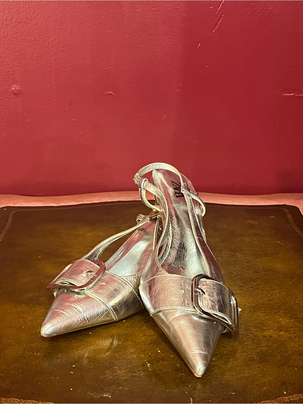 ZARA Metallic Silver Pointed Toe Slingback Flats with Buckle